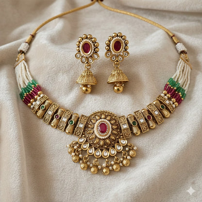 Antique Gold Temple Choker Necklace with Ruby Emerald & Pearl Accents