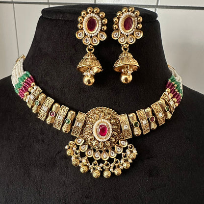 Antique Gold Temple Choker Necklace with Ruby Emerald & Pearl Accents