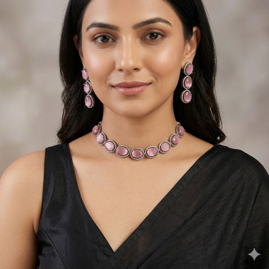 Oval Rose Pink Halo Necklace Set in Gunmetal Finish