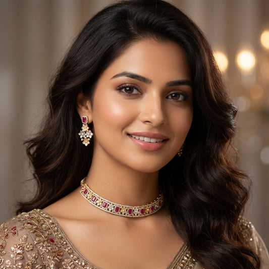 Regal Ruby and CZ Floral Motif Gold-Plated Choker Set