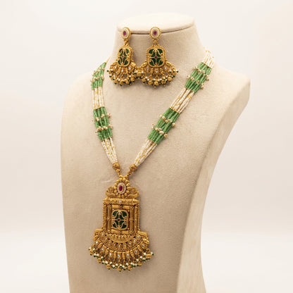 Antique Gold Layered Necklace Set with Green Beads & Pearls