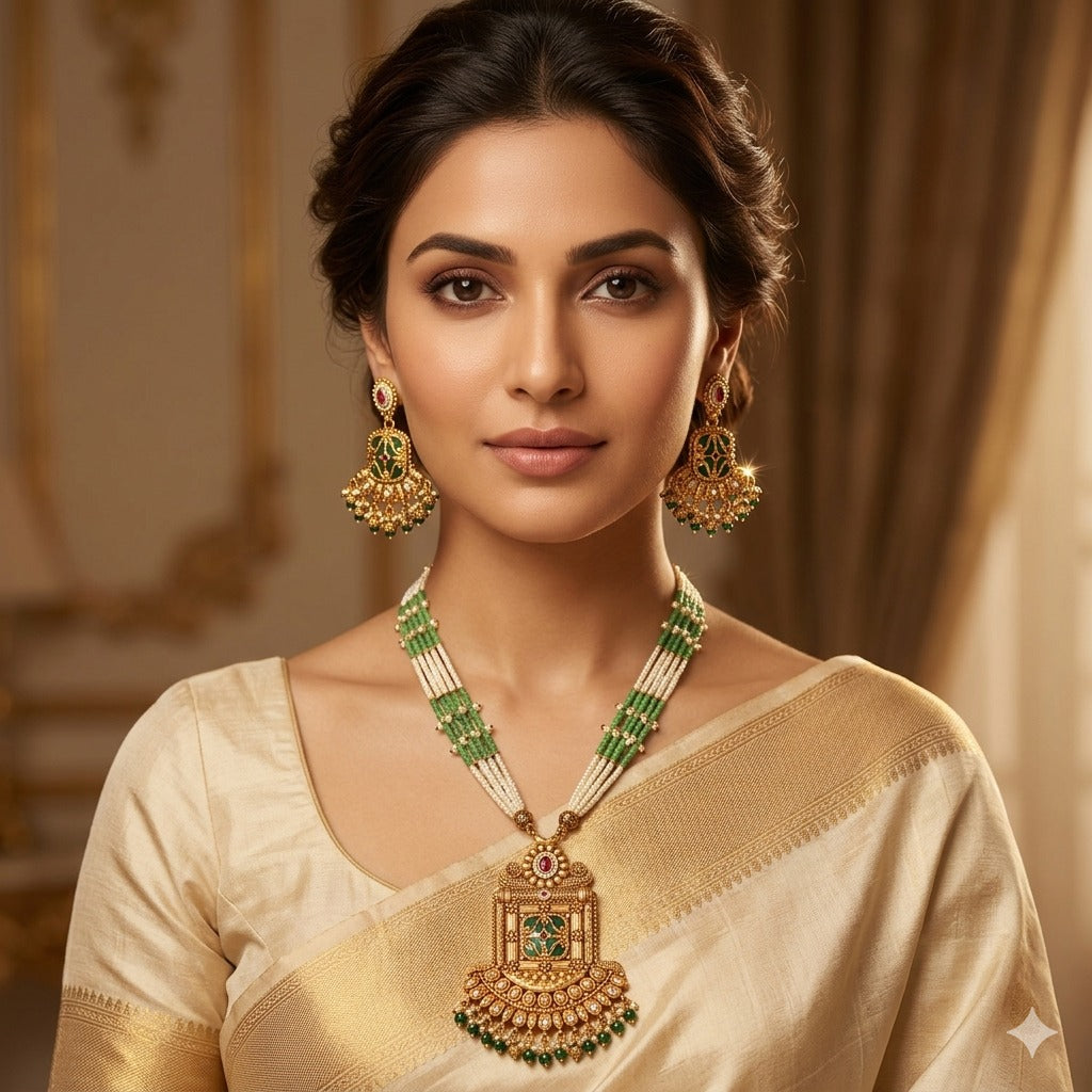 Antique Gold Layered Necklace Set with Green Beads & Pearls