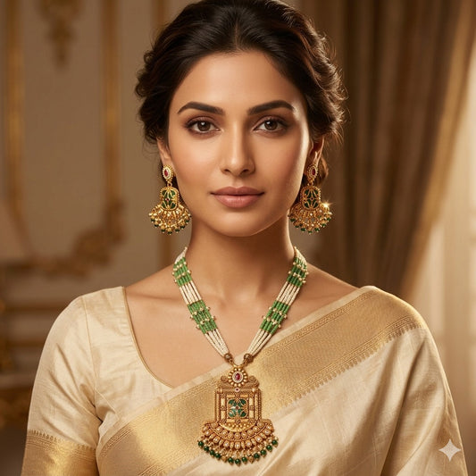 Antique Gold Layered Necklace Set with Green Beads & Pearls