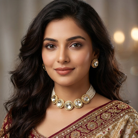 Gold Plated Polki & Pearl Multi-Strand Choker Necklace Set