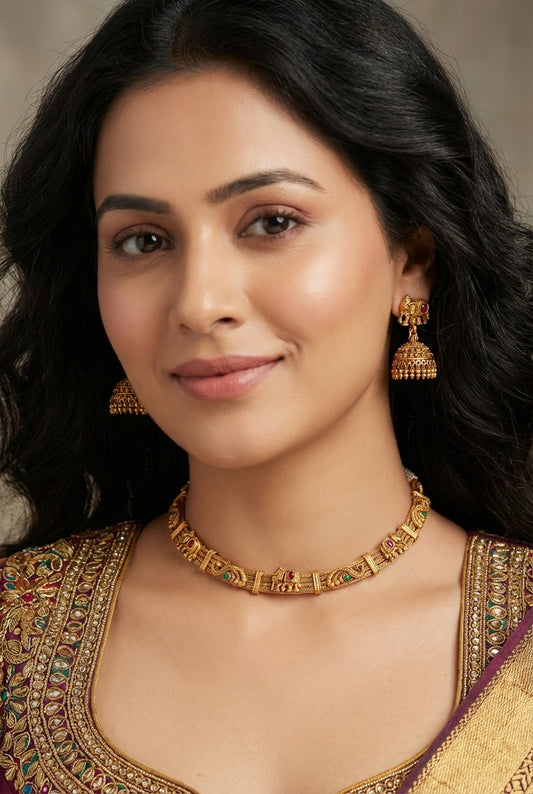 Antique Gold Elephant Temple Necklace & Jhumka Set