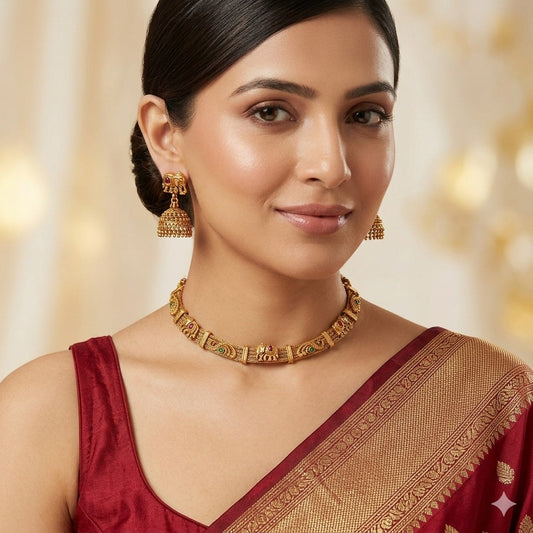 Antique Gold Elephant Temple Necklace & Jhumka Set