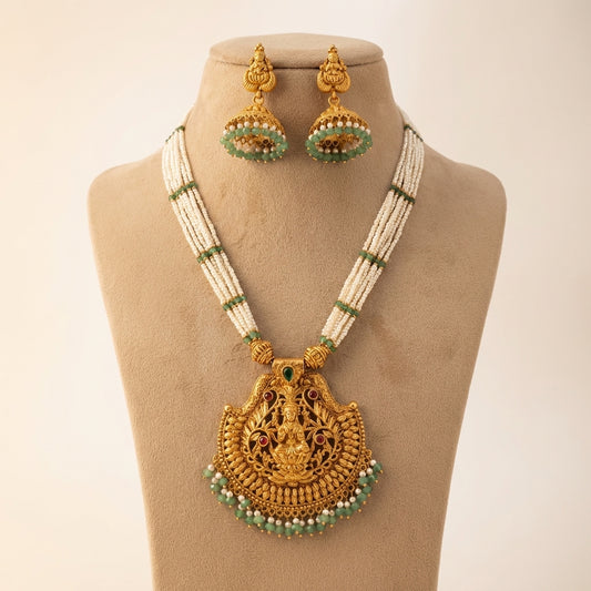 Lakshmi Pendant Pearl Necklace & Jhumka Earrings Set