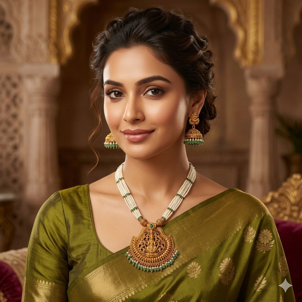 Lakshmi Pendant Pearl Necklace & Jhumka Earrings Set