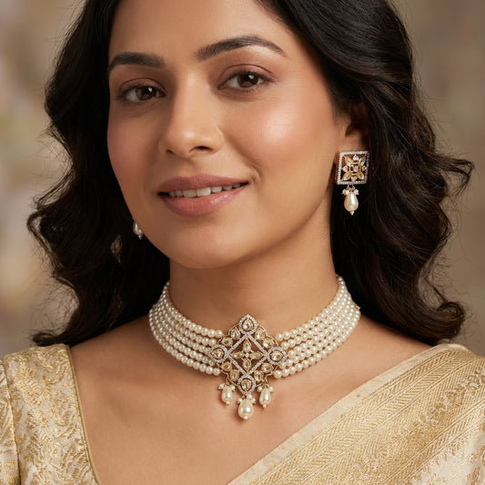 Gold-Tone Pearl Choker Set with Kundan Geometric Pendant