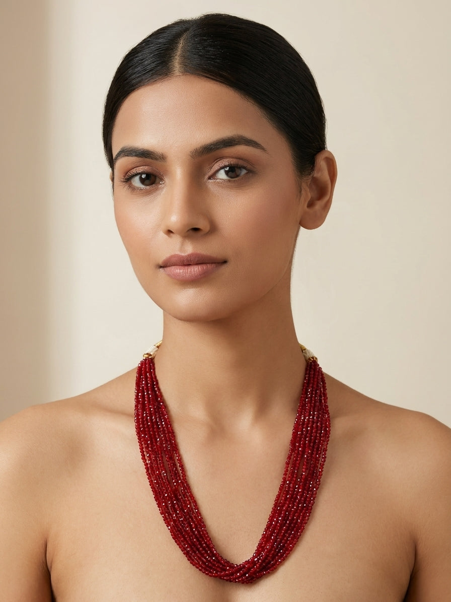 Elegant Multi-Strand Red Beaded Torsade Necklace