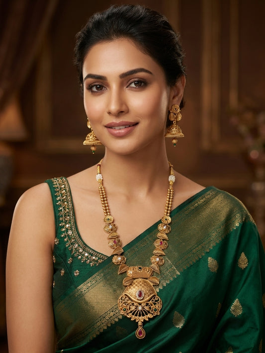 Antique Gold Finish Temple Necklace Set with Peacock Motif