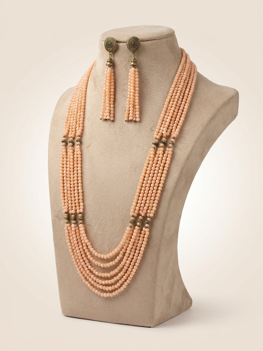 Peach Beaded Multi-Strand Necklace Set with Antique Gold Accents