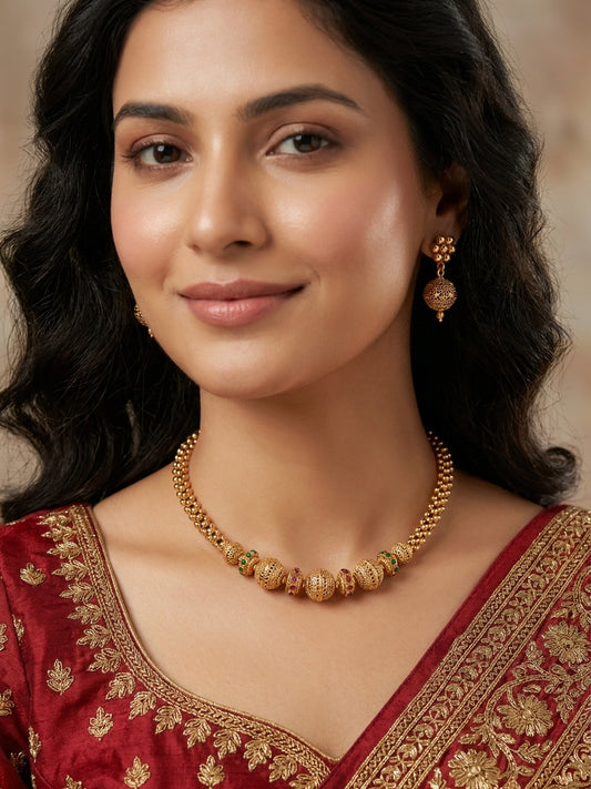 Antique Gold Beaded Necklace Set with Ornate Filigree Drops