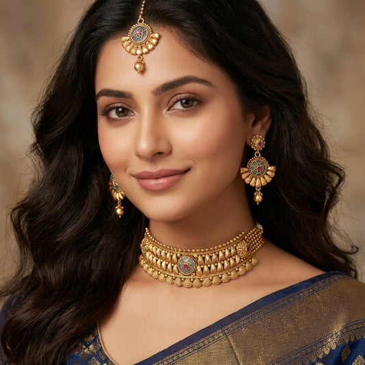 Antique Gold-Plated Choker Necklace Set with Maang Tikka