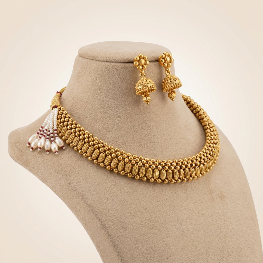 Antique Gold Beaded Choker Necklace Set with Earrings