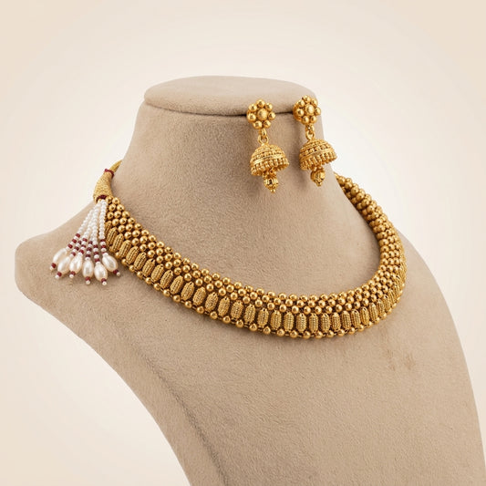 Antique Gold Beaded Choker Necklace Set with Earrings