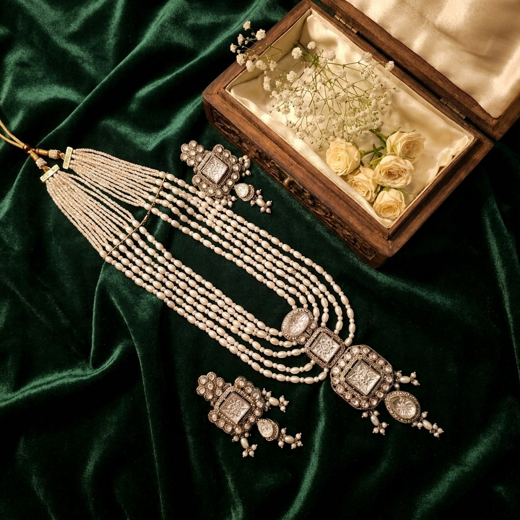 Antique Silver & White Pearl Multi-Strand Choker Necklace Set