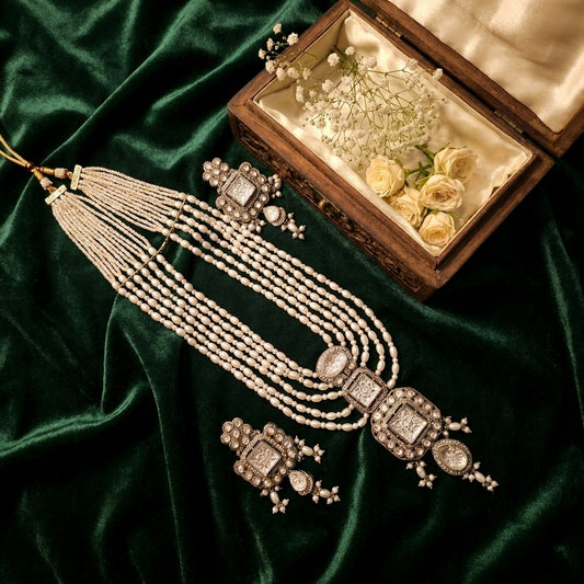 Antique Silver & White Pearl Multi-Strand Choker Necklace Set
