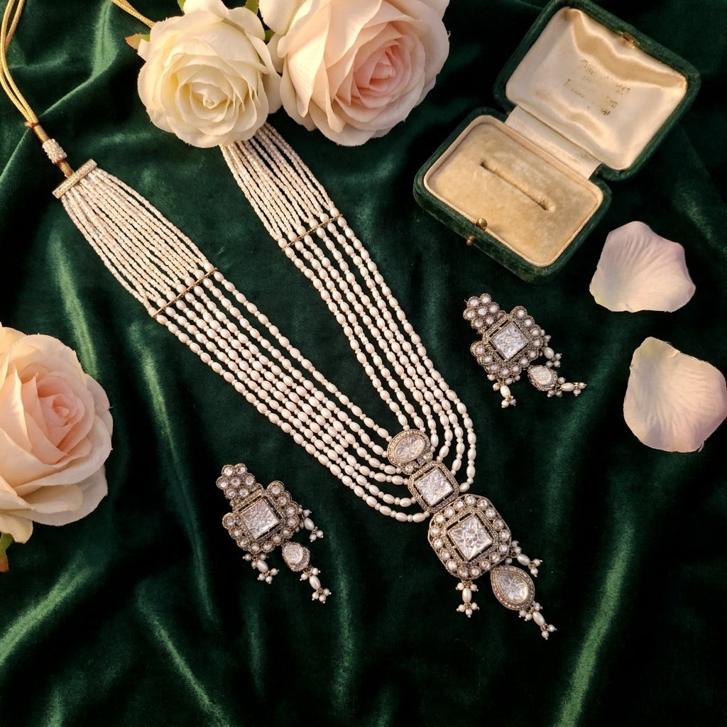 Antique Silver & White Pearl Multi-Strand Choker Necklace Set