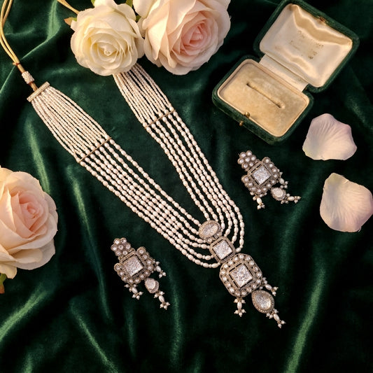 Antique Silver & White Pearl Multi-Strand Choker Necklace Set