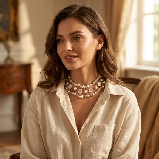 Elegant Pearl & Floral Gold Wire Statement Choker Necklace