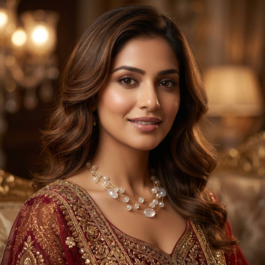 Gold Layered Necklace with Floating Faceted White Beads