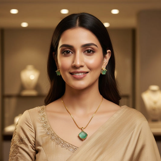 Minimalist Gold Plated Necklace with Green Cushion-Cut Pendant