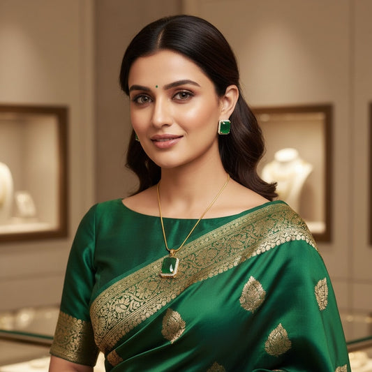 Gold-Toned Emerald-Cut Green Halo Pendant Necklace
