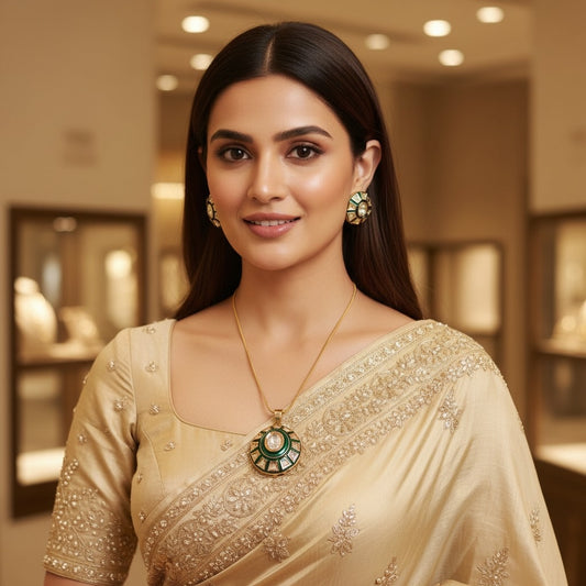 Gold Plated Green Enamel and Polki Style Pendant Necklace