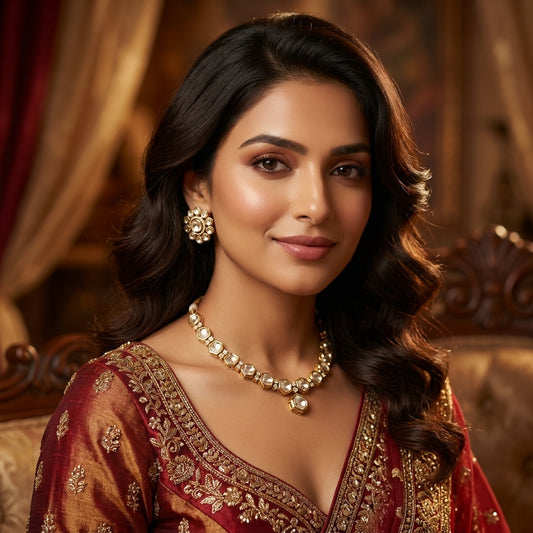 Gold Plated Jadau Kundan Choker Necklace & Floral Earring Set