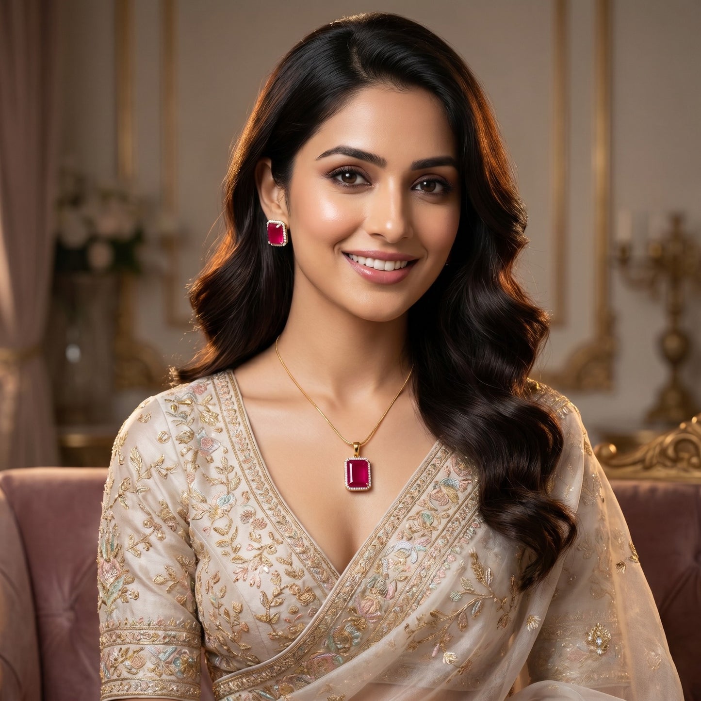 Elegant Ruby Red Square Halo Pendant Necklace Set