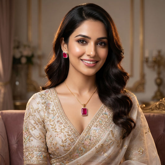 Elegant Ruby Red Square Halo Pendant Necklace Set