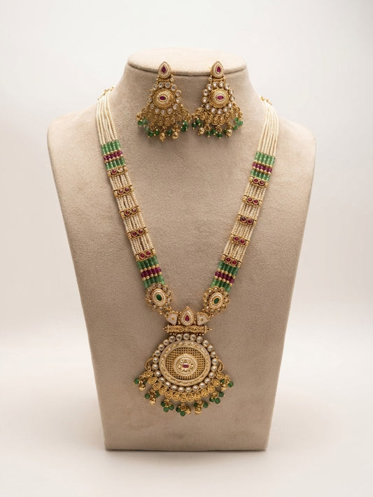 Antique Gold Rani Haar Necklace Set with Pearls and Kundan Work