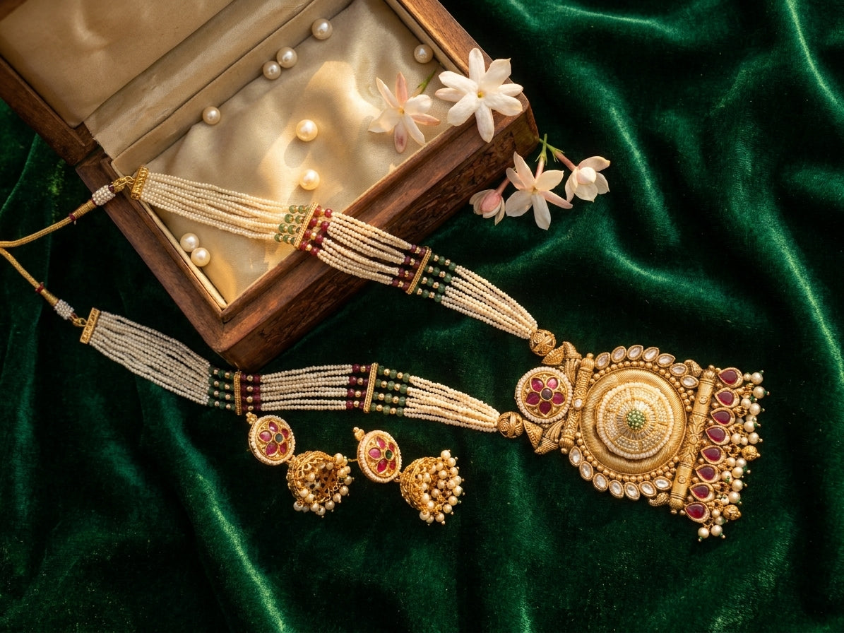 Regal Pearl & Kundan Rani Haar Necklace Set with Jhumkas