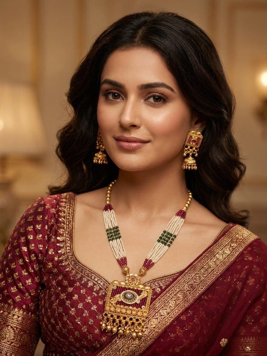 Antique Gold Temple Necklace Set with Pearl & Stone Work