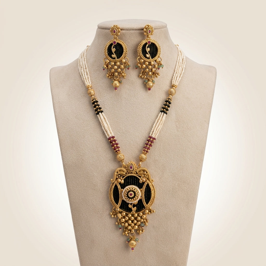 Antique Gold Pearl Mala Necklace Set with Ornate Round Pendant & Earrings