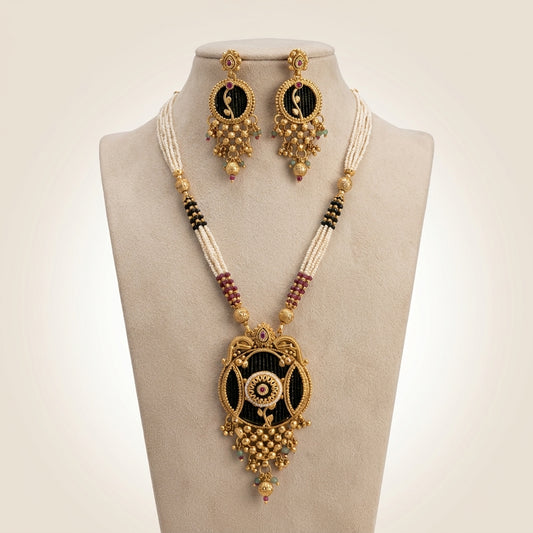 Antique Gold Pearl Mala Necklace Set with Ornate Round Pendant & Earrings