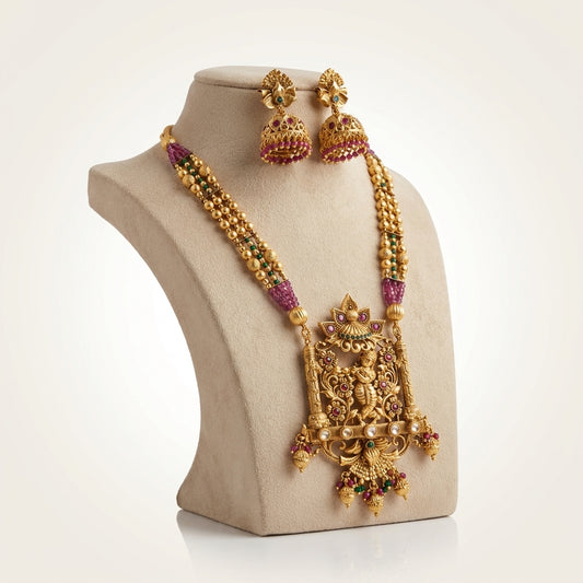 Antique Matte Gold Temple Necklace & Jhumka Set with Purple Beads