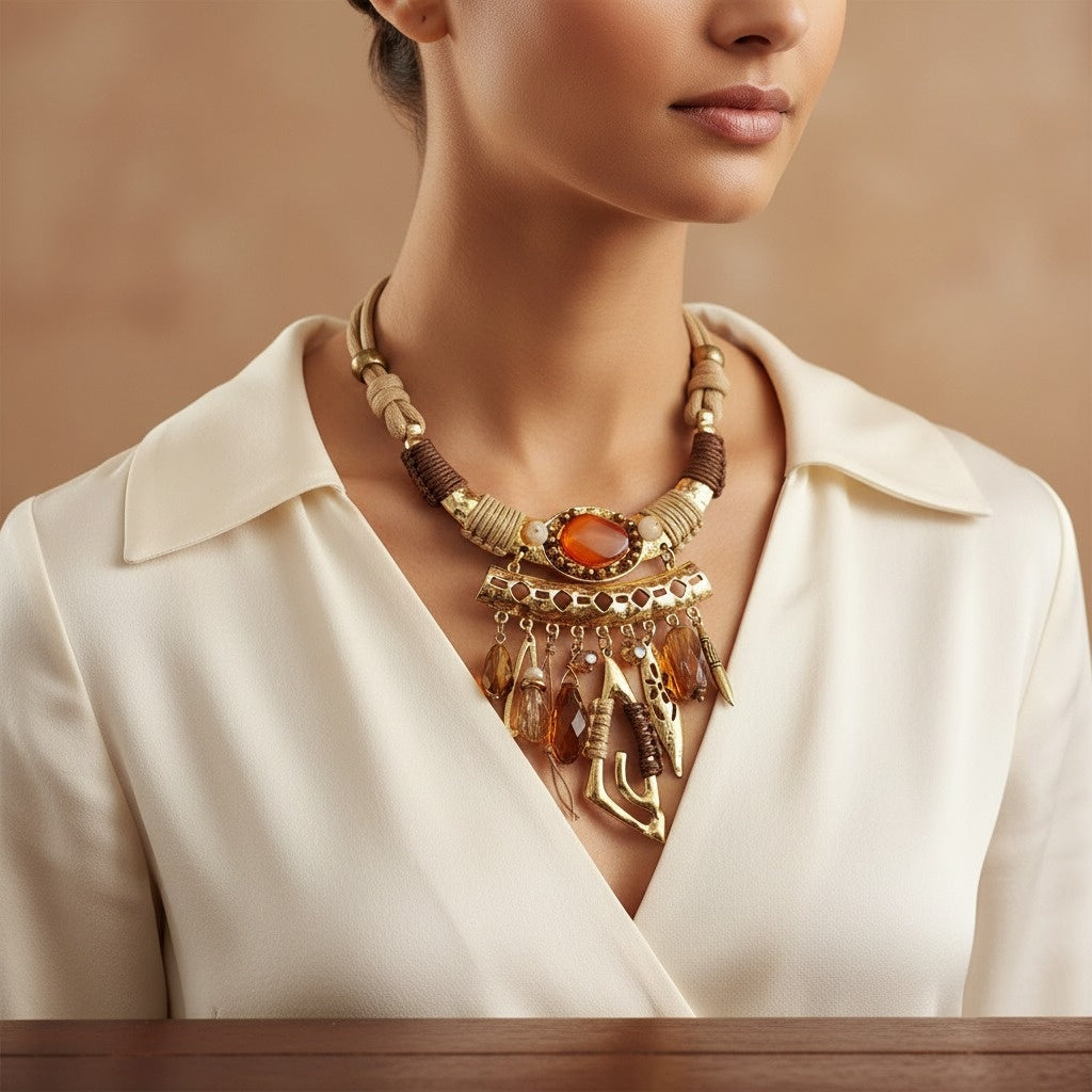 Bohemian Gold-Tone Statement Necklace with Amber Stone & Charms