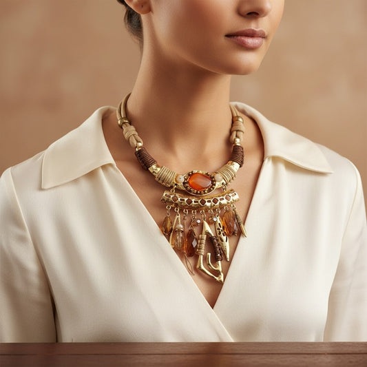 Bohemian Gold-Tone Statement Necklace with Amber Stone & Charms
