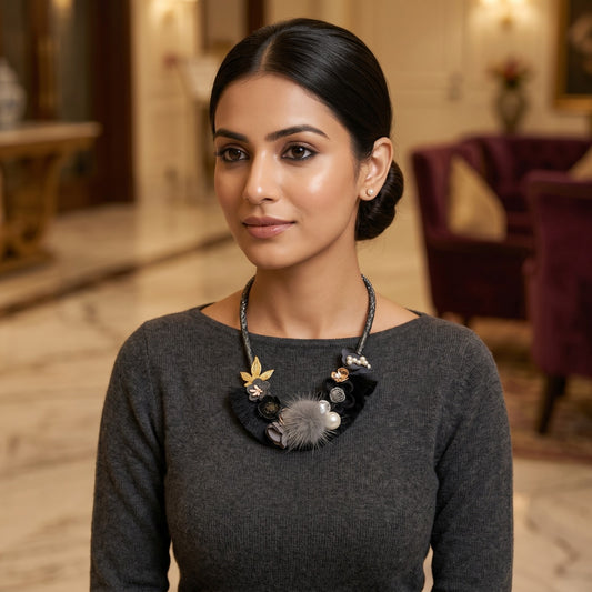 Grey Fur Pom-Pom and Pearl Floral Statement Necklace