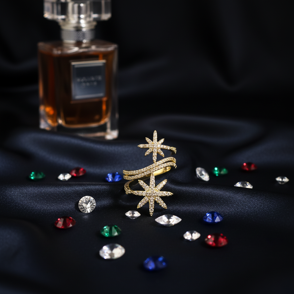 Twin Starburst Gold Crystal Ring