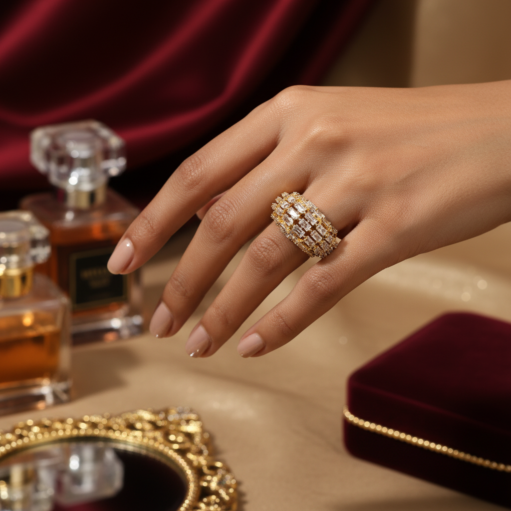 Glam Gold Crystal Wide Band Ring