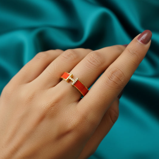 Chic Red Enamel & Gold-Plated "H" Ring with Rhinestone Accents - Adjustable Fashion Jewelry