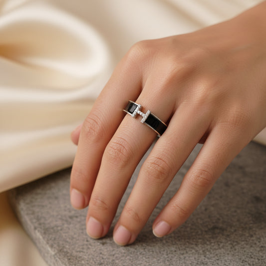 Elegant Black Enamel & Diamond H-Letter Ring - Sterling Silver Fashion Jewelry