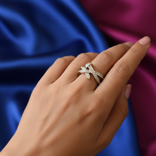 Elegant Crossover Diamond Ring - 14K White Gold | Unique Statement Piece