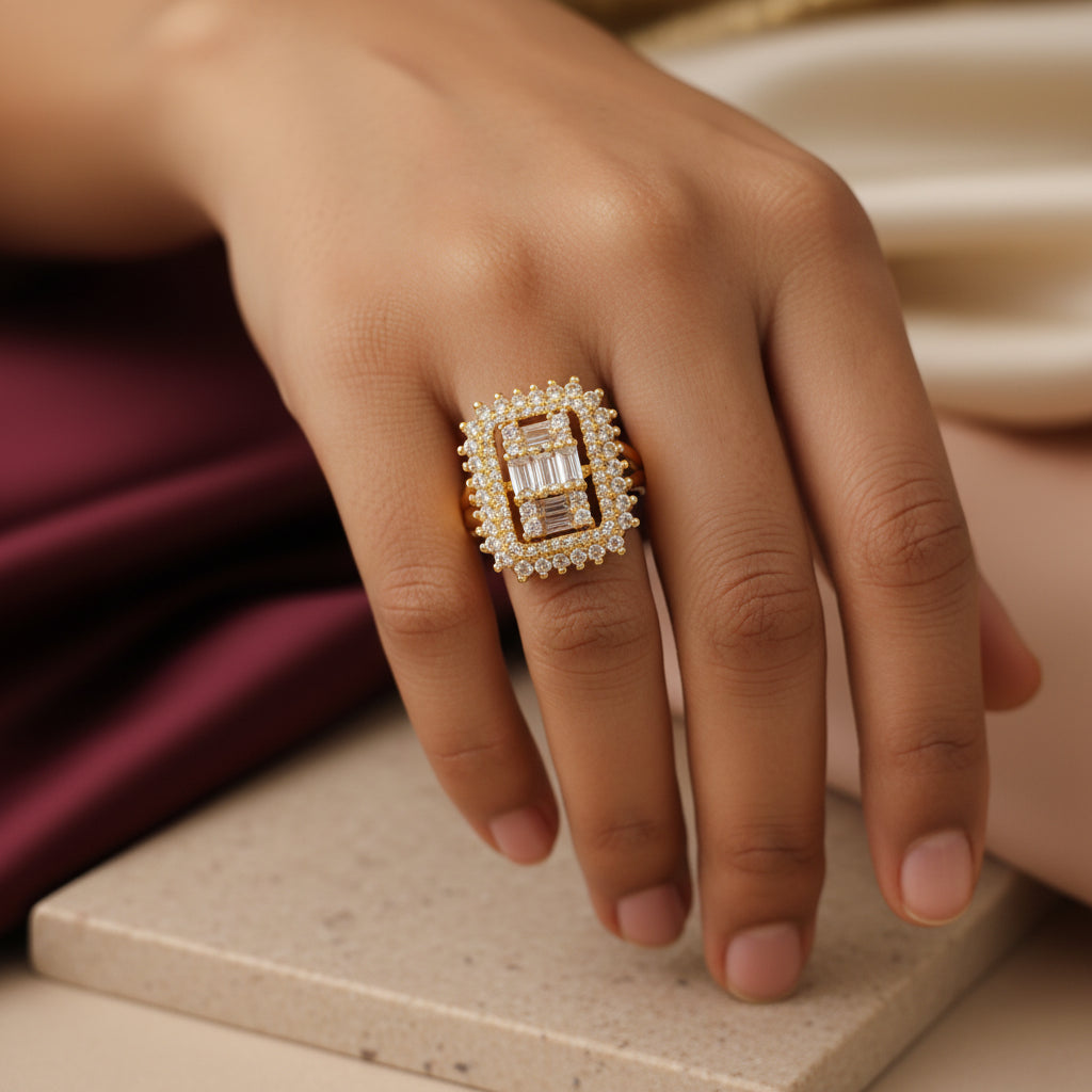 Elegant Gold-Plated Zircon Ring for Women - Square Cluster Design
