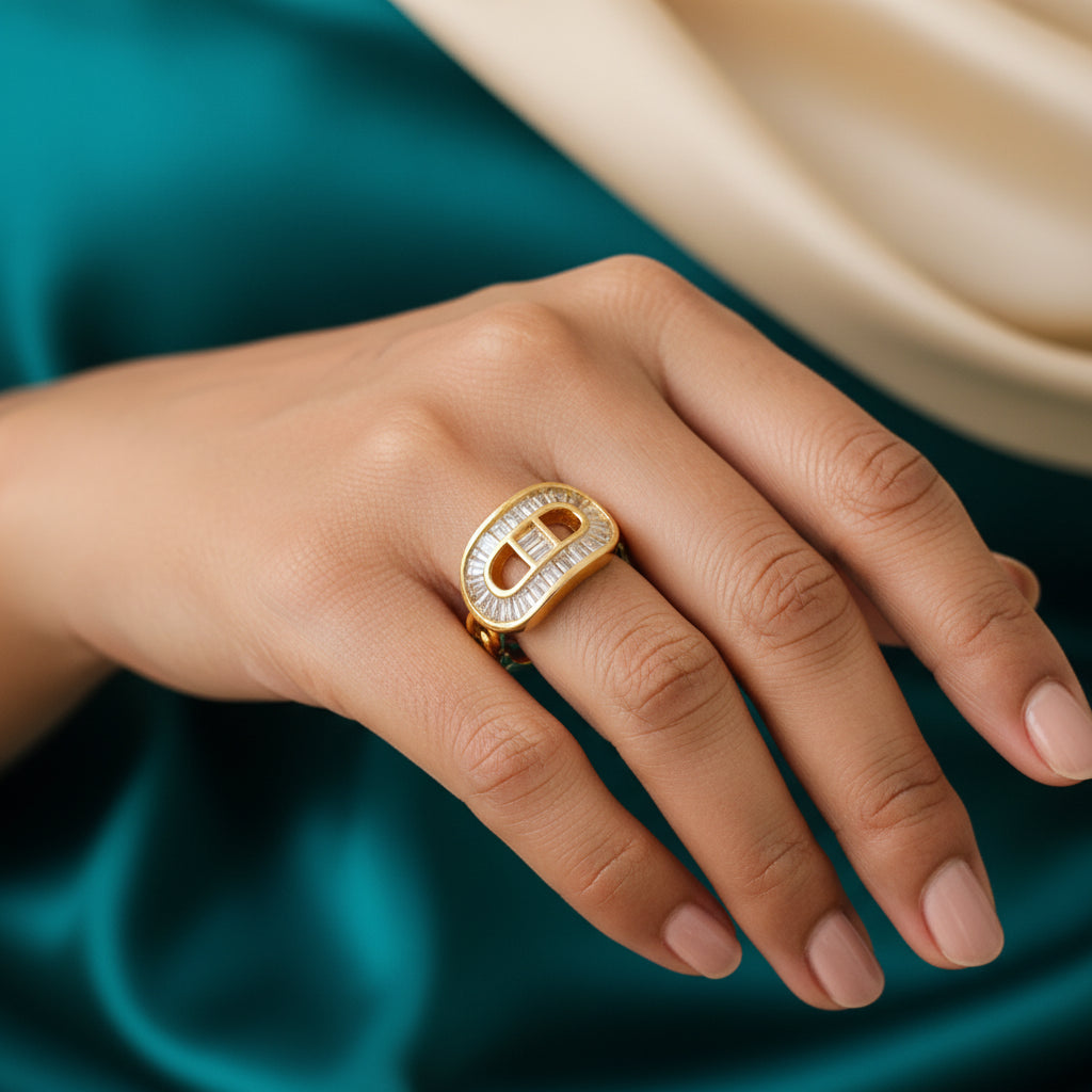 Gold Plated Leaf Design Ring with Cubic Zirconia - Elegant & Adjustable