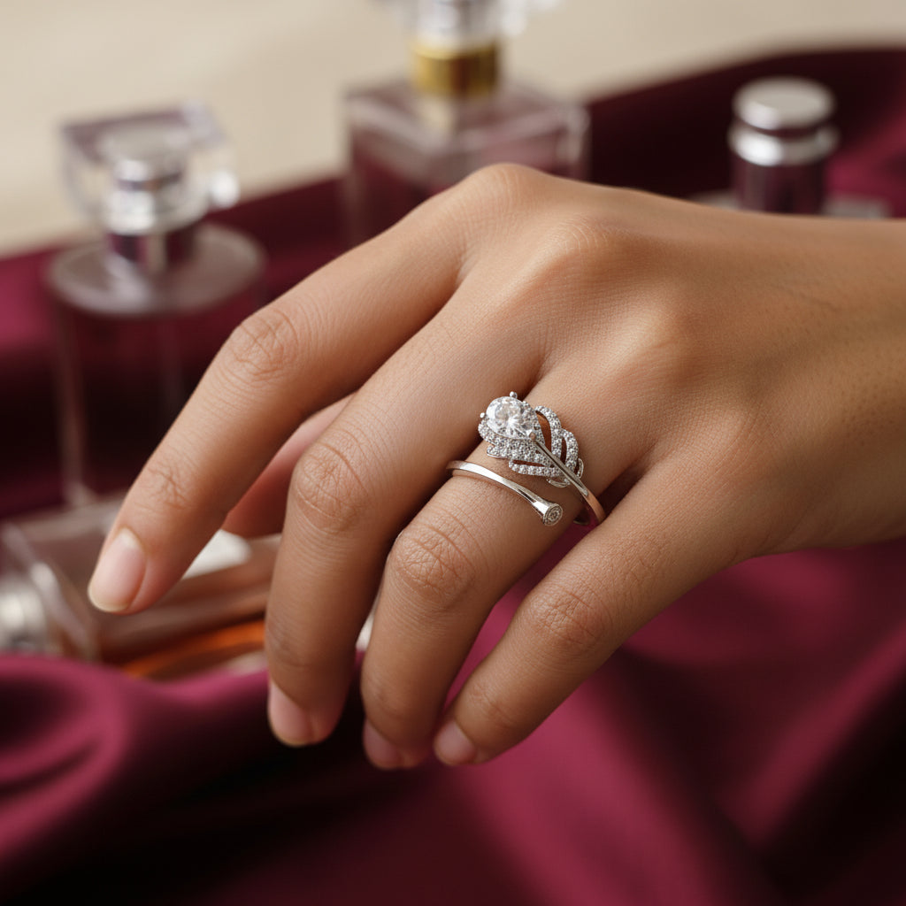 Elegant Feather & Zircon Adjustable Ring - Sterling Silver Plated | Fashion Statement Jewelry