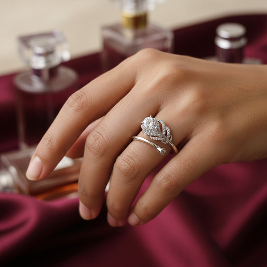 Elegant Feather & Zircon Adjustable Ring - Sterling Silver Plated | Fashion Statement Jewelry